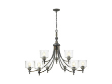  0806-9 ABI-HWG - Keating 9 Light Chandelier in Antique Black Iron with Hammered Water Glass Shade