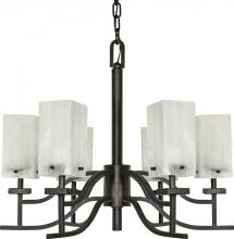  60/000 - 6-Light 26" Textured Black Flush Chandelier with Alabaster Swirl Glass