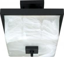 60/002 - 2-Light 12" Textured Black Semi Flush Ceiling Light Fixture with Alabaster Swirl Glass