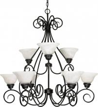  60/379 - 2-Tier 9-Light Textured Flat Black Chandelier with Alabaster Swirl Glass