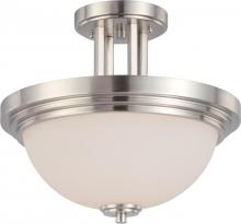  60/4107 - 2-Light Semi Flush Mount Lighting Fixture in Brushed Nickel Finish with White Satin Glass