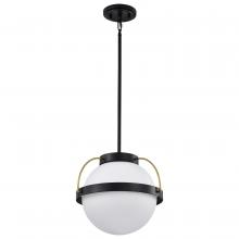  60/7775 - Lakeshore 1 Light Large Pendant; Matte Black & Natural Brass Finish; White Opal Glass